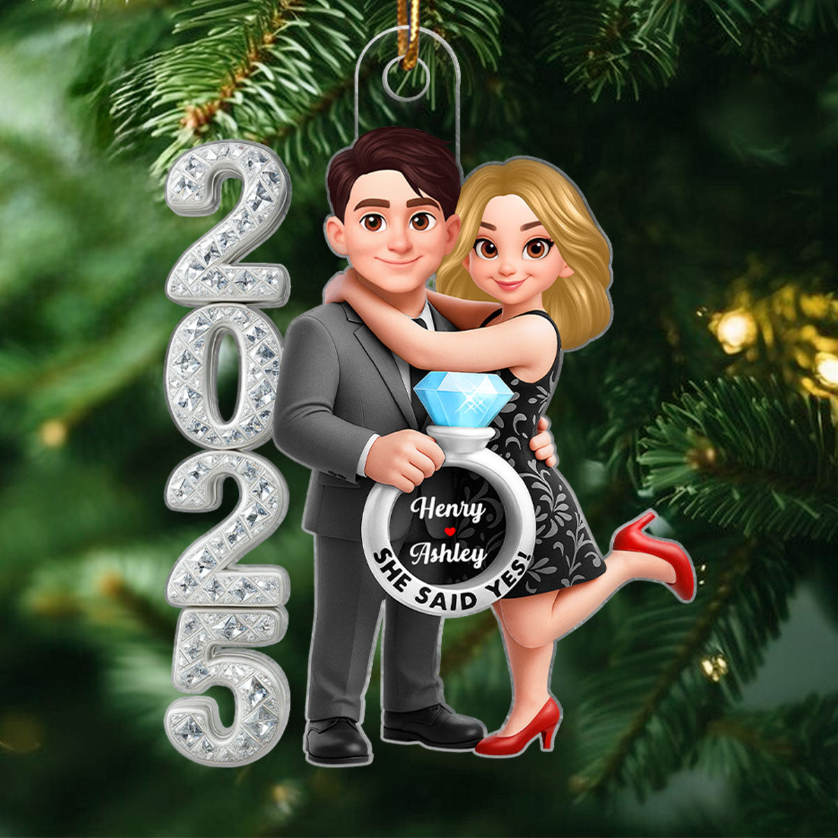 3D Crystal Effect Marriage Proposal Couple - Personalized Acrylic Ornament - Newly Engaged Gift, ""She Said Yes!"" Ornament