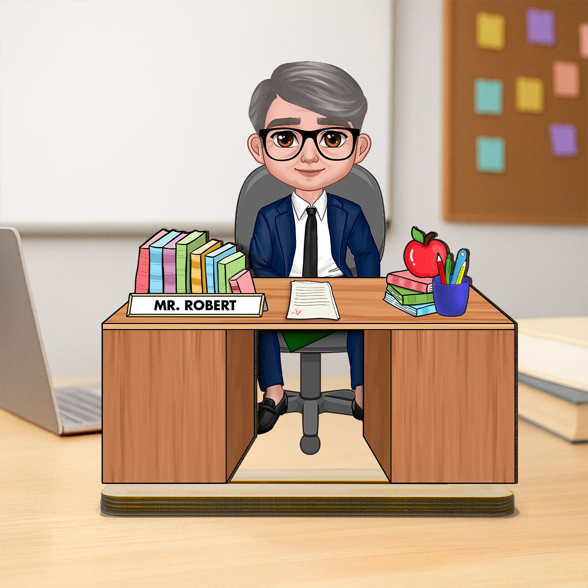 Teacher Sitting At Desk Personalized 2-Layer Standing Wooden Plaque, Back To School Gift