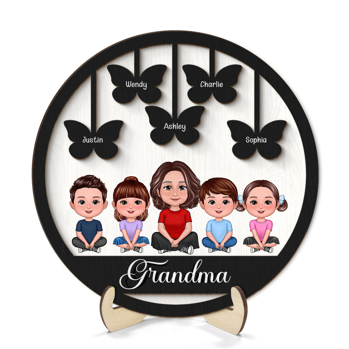 Grandma Grandkids Crossed Legs Butterflies Personalized 2-layer Wooden Plaque
