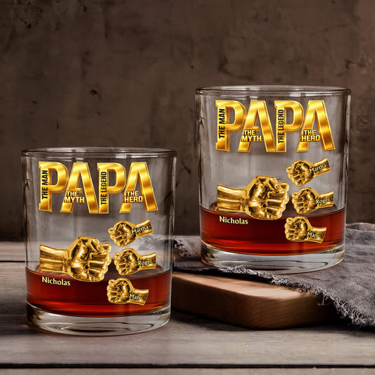 Father's Day Gifts, Papa The Man The Myth The Legend - Fist Bumps With Kids' Names - Personalized Whiskey Glass