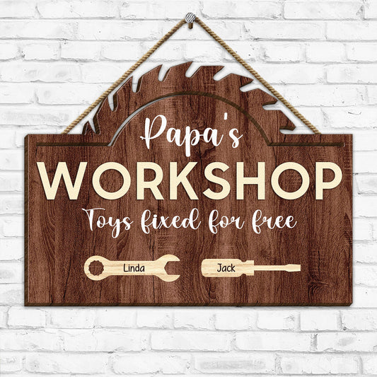 Father's Day Gifts, Papa's Workshop Toys Fixed For Free - Daddy, Grandpa Fixer - Personalized Wood Sign