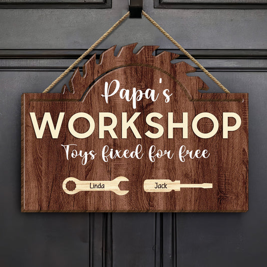 Father's Day Gifts, Papa's Workshop Toys Fixed For Free - Daddy, Grandpa Fixer - Personalized Wood Sign