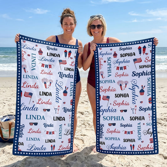 Patriotic Repeating Names Gift For Self, Friend, Family - Personalized Beach Towel