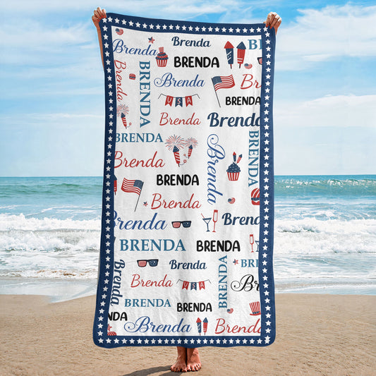 Patriotic Repeating Names Gift For Self, Friend, Family - Personalized Beach Towel