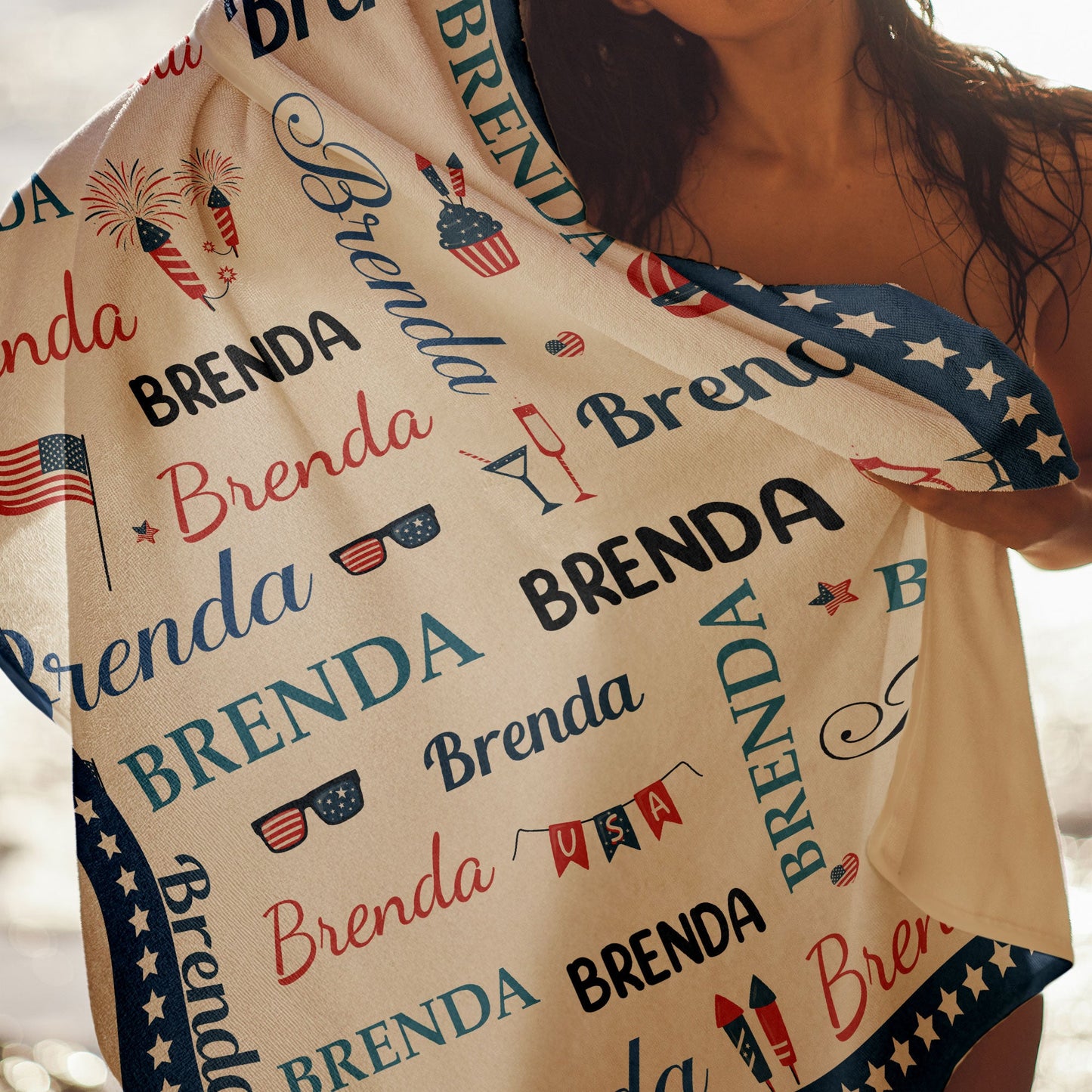 Patriotic Repeating Names Gift For Self, Friend, Family - Personalized Beach Towel