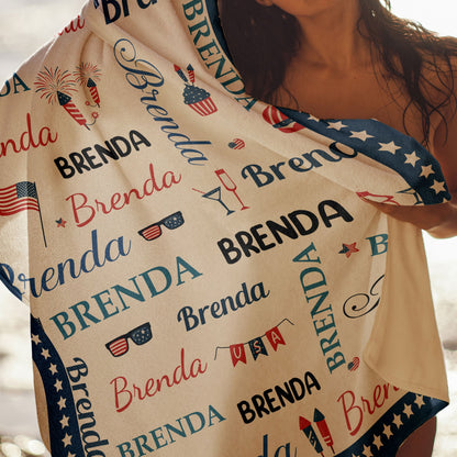 Patriotic Repeating Names Gift For Self, Friend, Family - Personalized Beach Towel