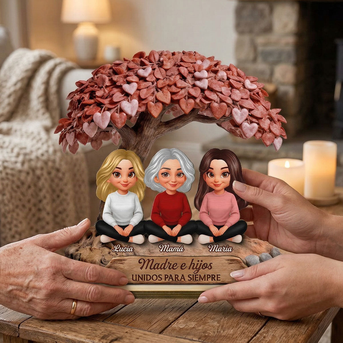 Mam y Hija Hijo Bajo el rbol del Corazn - Placa de Madera Personalizada de 2 Capas - Regalo para Mam