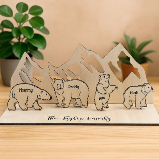 Father's Day Gifts, Personalized Wooden Bear Family With A Mountain Scene Backdrop