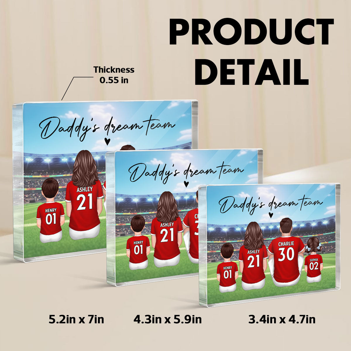 Daddy's Team Soccer Family Sitting Back View Personalized Acrylic Block,  Gift