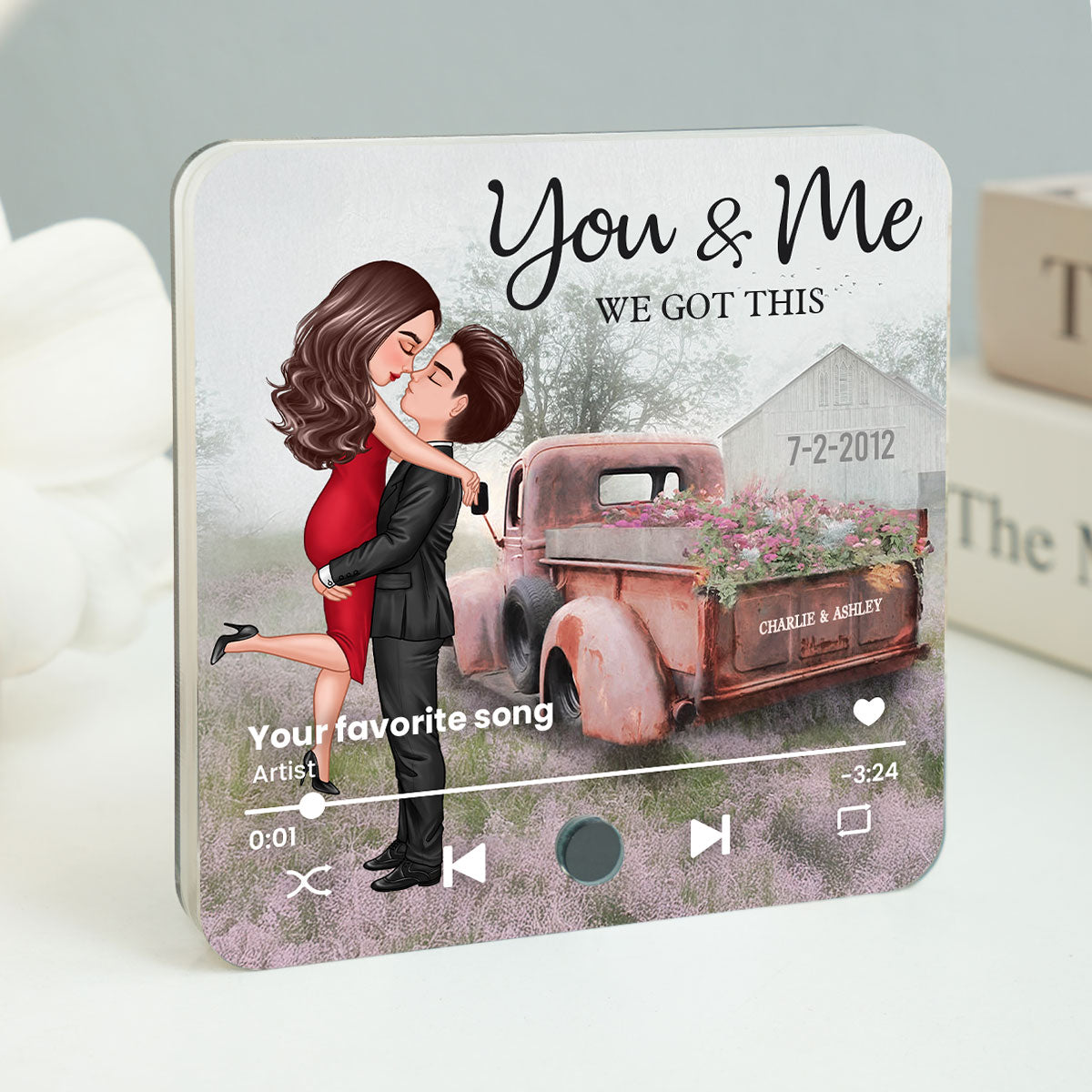 Red Vintage Truck Farmhouse Couple Hugging Kissing Personalized Music Fridge Magnet, Anniversary  Gift For Him, For Her