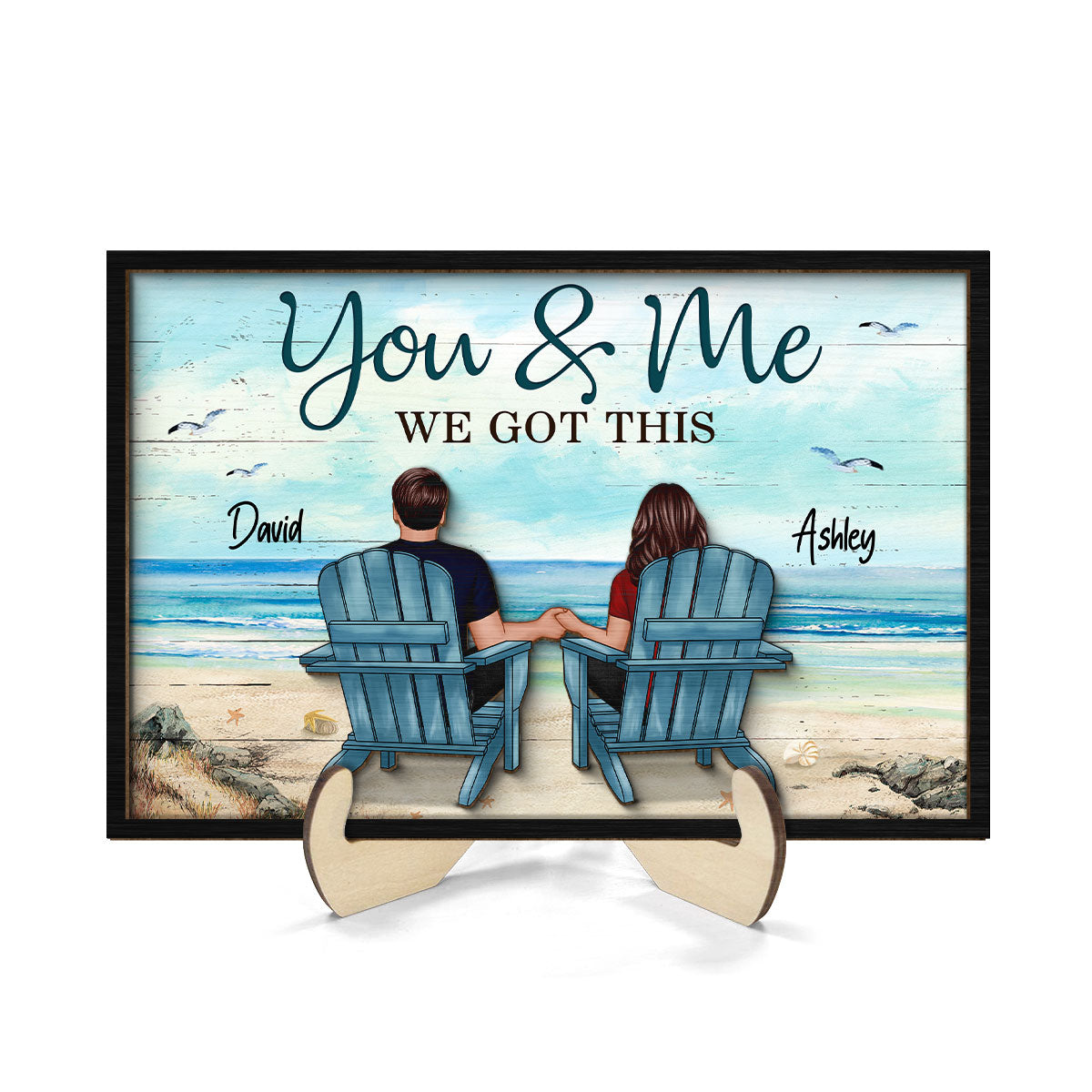 Back View Couple Sitting Beach Landscape Personalized 2-Layer Wooden Plaque