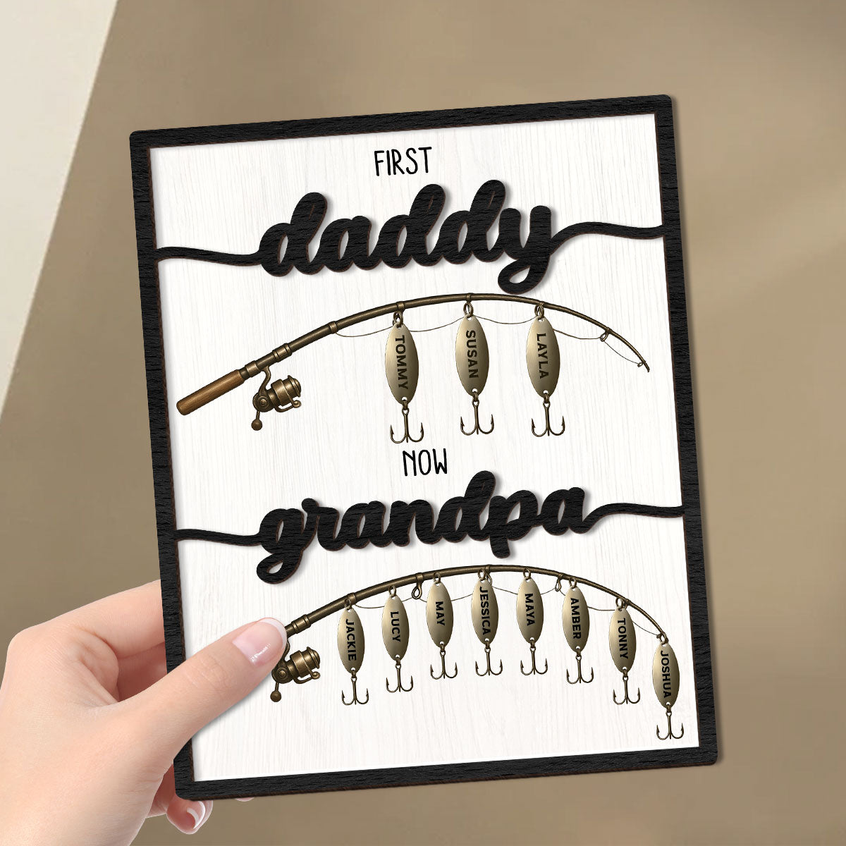 First Dad Now Grandpa Fishing Lures With Kids' Names Personalized 2-Layered Wooden Plaque,  Gift For Husband, For Dad, For Grandpa