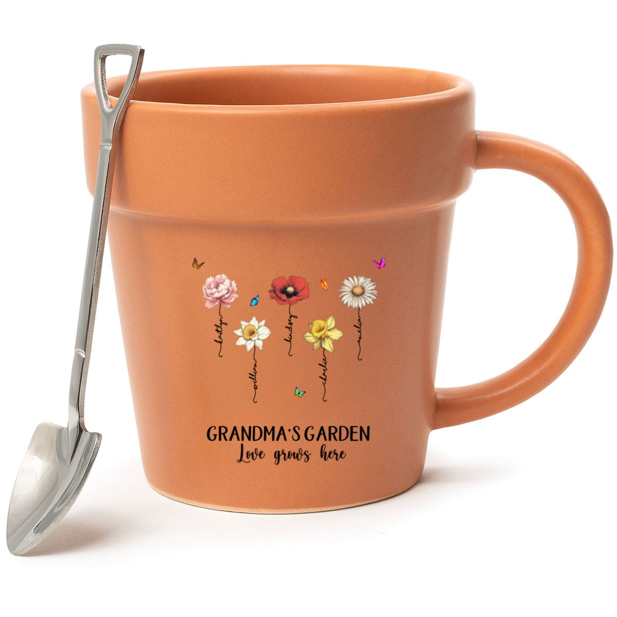 Grandma's Garden Love Grows Here Vintage Birth Month Flower Personalized Plant Pot Ceramic Mug