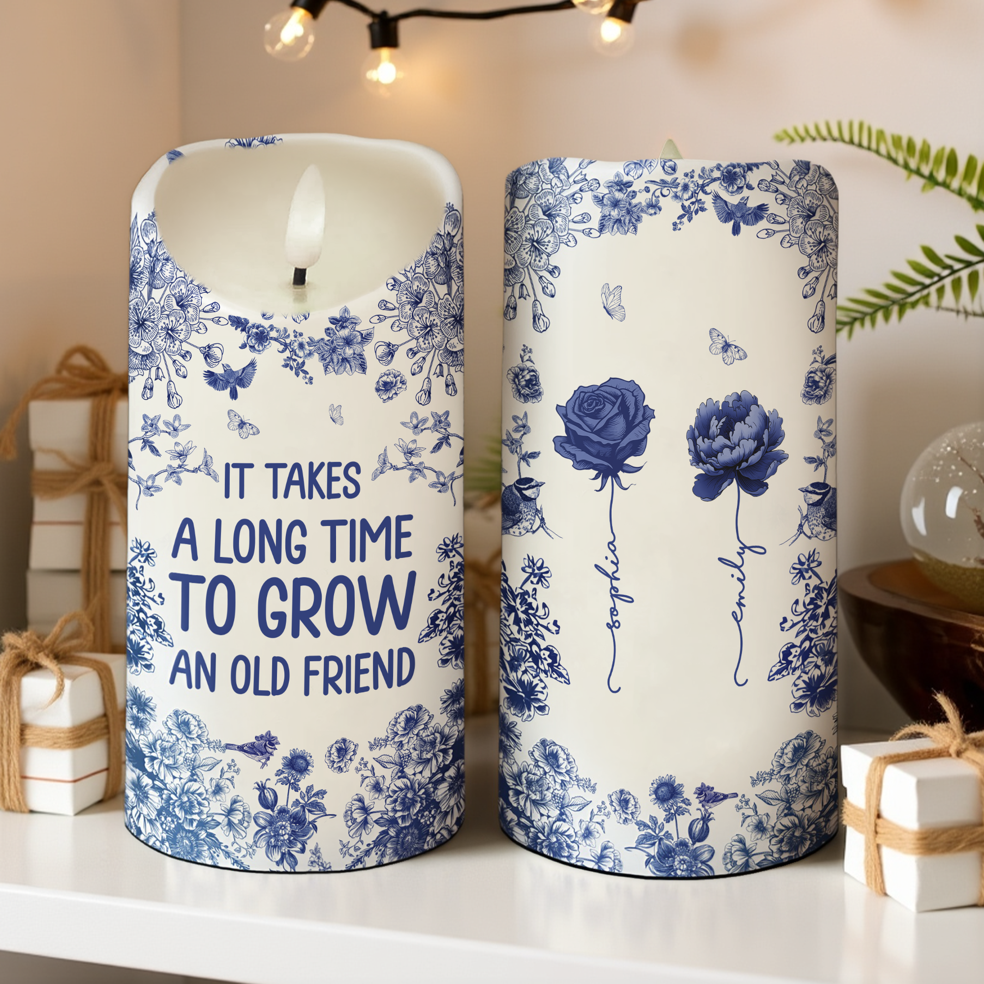 Chinoiserie Besties It Takes A Long Time To Grow Old Friends Personalized LED Candle