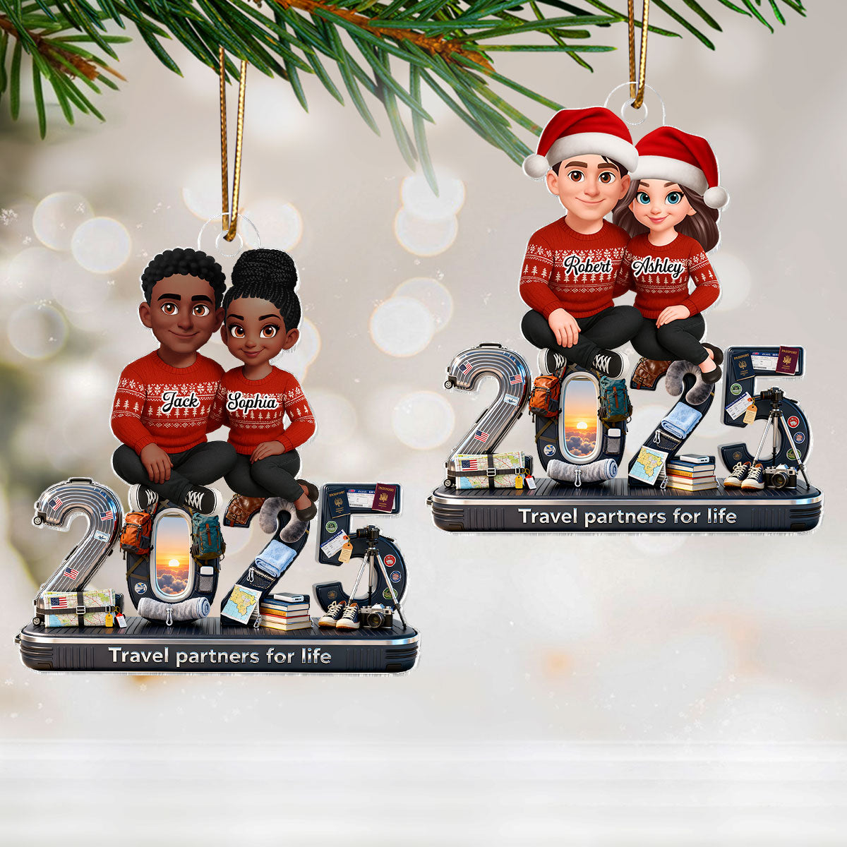 3D Effect Couple Travel Partners For Life Signature Symbols Christmas - Personalized Acrylic Ornament - Gift For Traveling Couple, Gift For Him, For Her