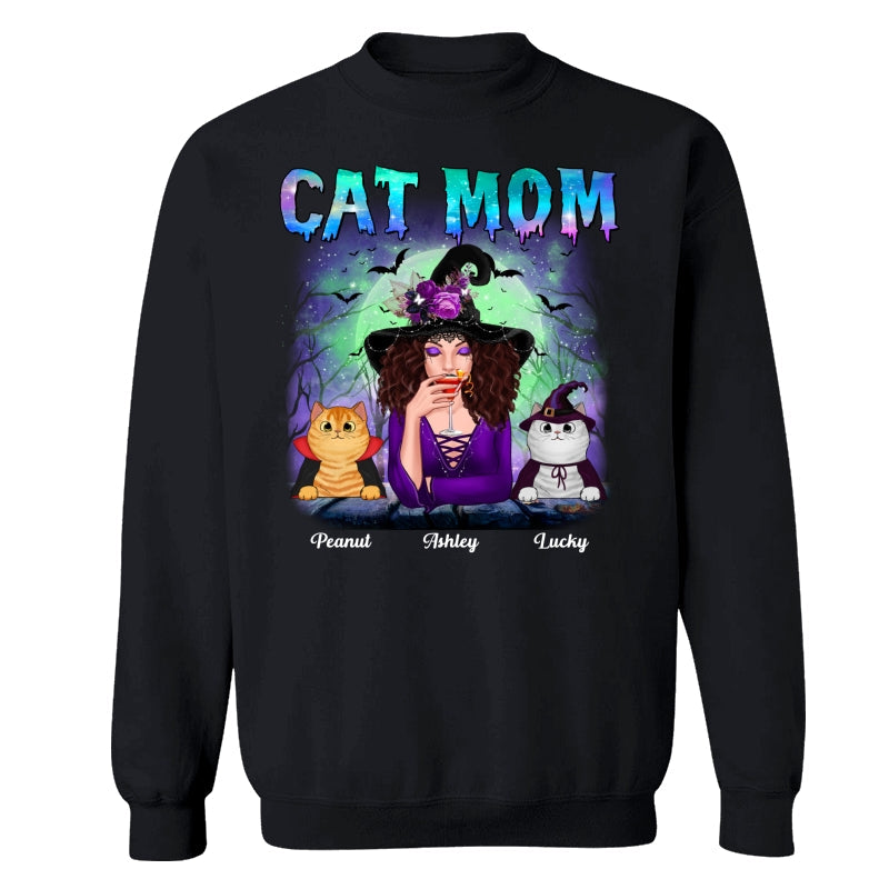 Halloween Neon Green And Purple Cat Mom Witch Personalized Shirt