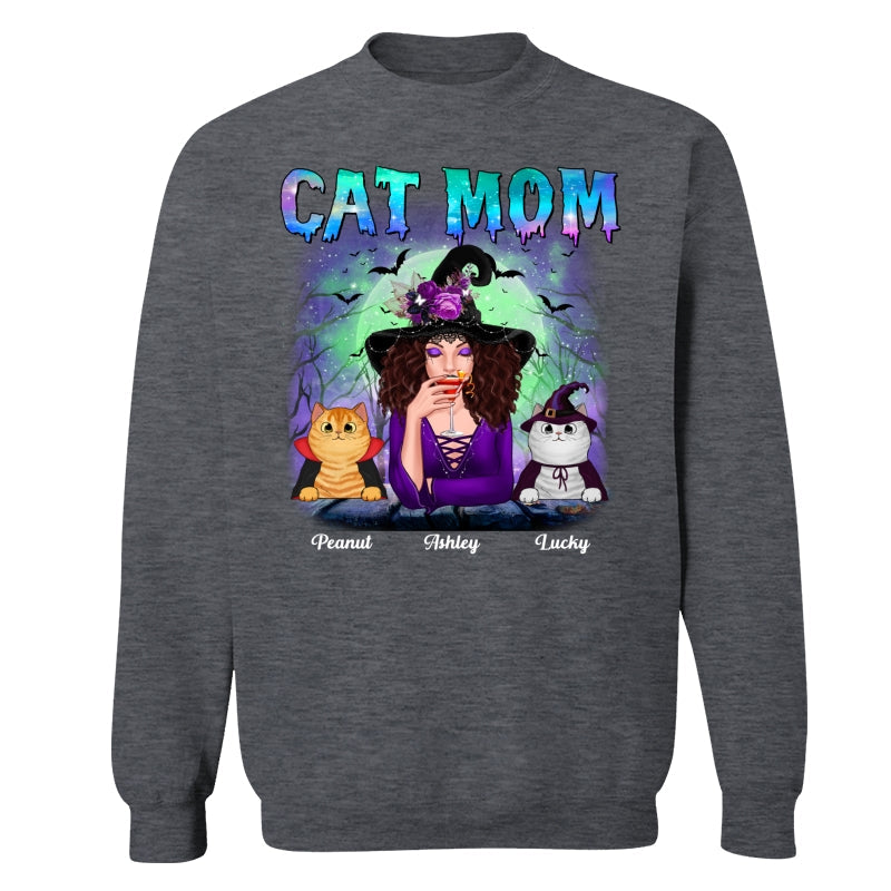 Halloween Neon Green And Purple Cat Mom Witch Personalized Shirt