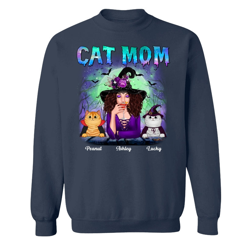 Halloween Neon Green And Purple Cat Mom Witch Personalized Shirt