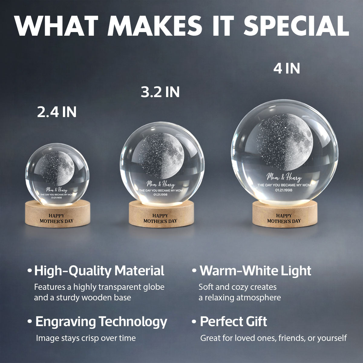Custom Moon Phase & Star Map by Date Engraved Wooden Base - Personalized Crystal Ball LED Night Light - Heartfelt Gift for Mom