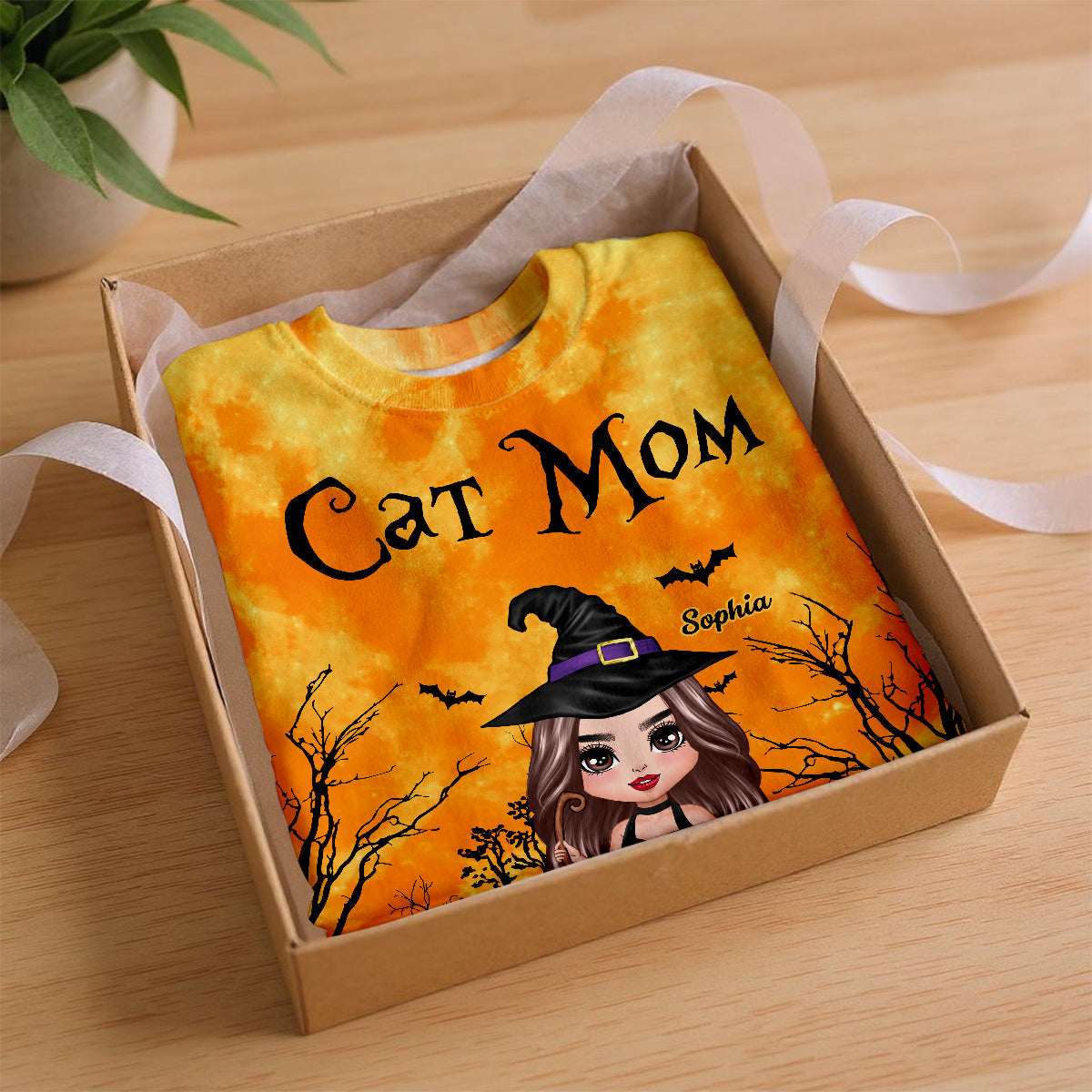Witch Cat Mom Halloween Moon Light Bat Tree Personalized Shirt, Purrfect Costume for Cat Lover