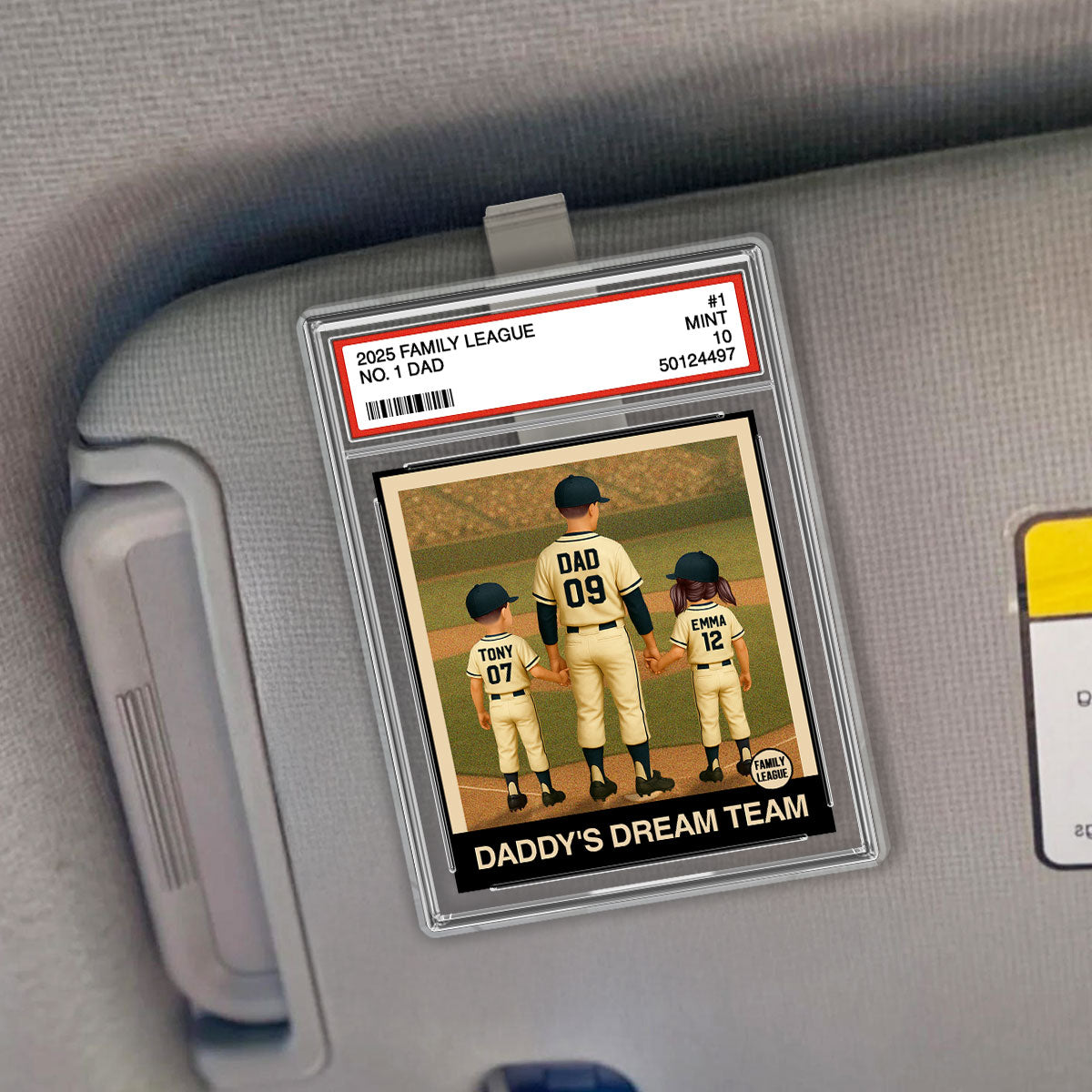 Baseball No. 1 Dad Man & Kids Trading Card Style Personalized Acrylic Car Visor Clip