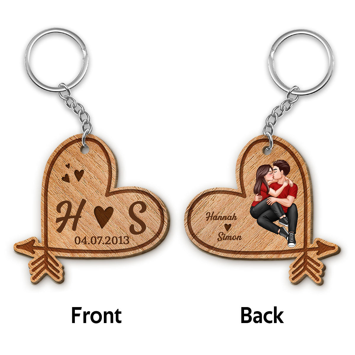 Doll Couple Sitting Kissing Heart Arrow Personalized Wooden Keychain
