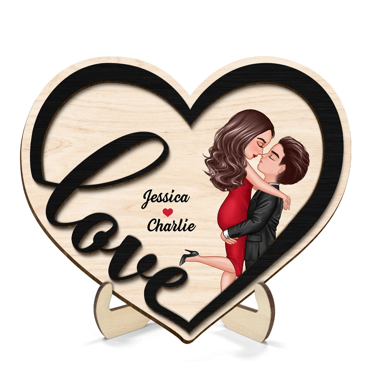 Couple Love Heart Hugging Kissing Personalized 2-layer Wooden Plaque