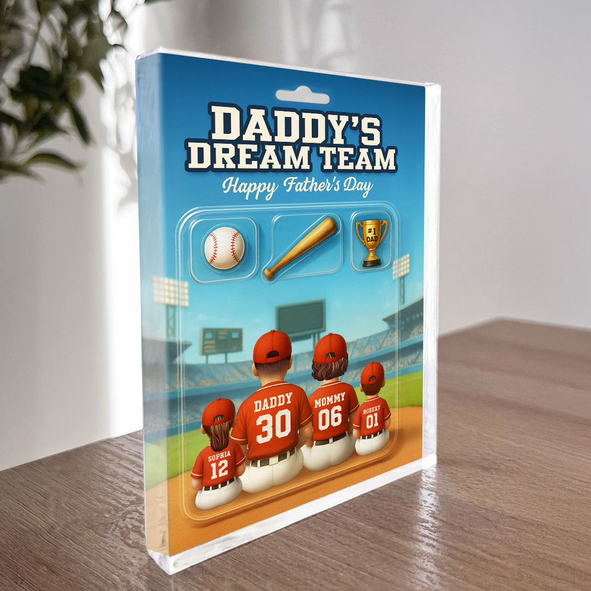 3D Effect Custom Figure Baseball Family Daddy's Dream Team Personalized Flat Acrylic Block Plaque, Unique  Gift For Dad, Husband