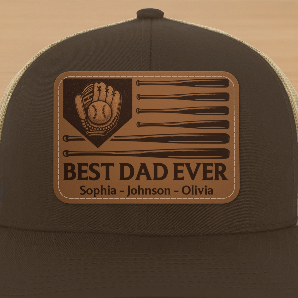 Dad's Home Run Best Dad Ever Baseball Themed Personalized Leather Patch Hat