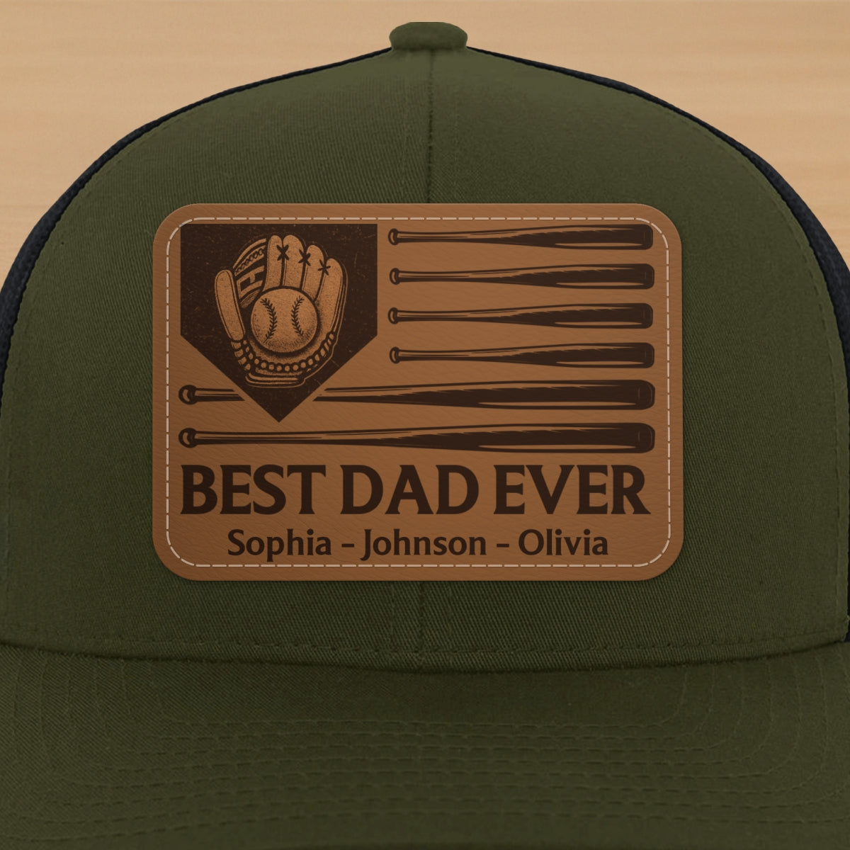 Dad's Home Run Best Dad Ever Baseball Themed Personalized Leather Patch Hat