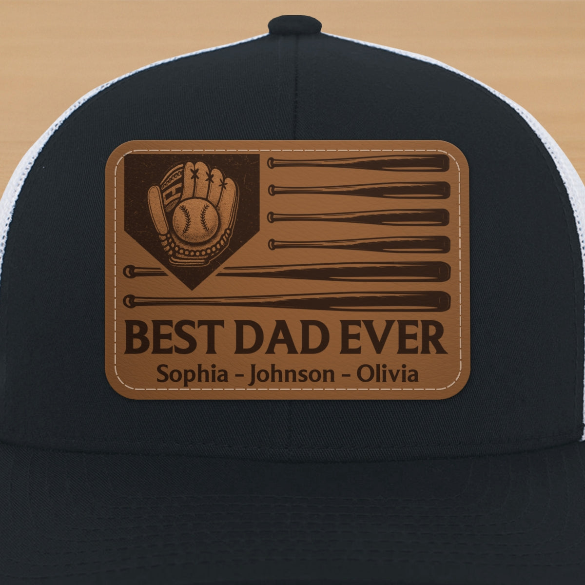 Dad's Home Run Best Dad Ever Baseball Themed Personalized Leather Patch Hat