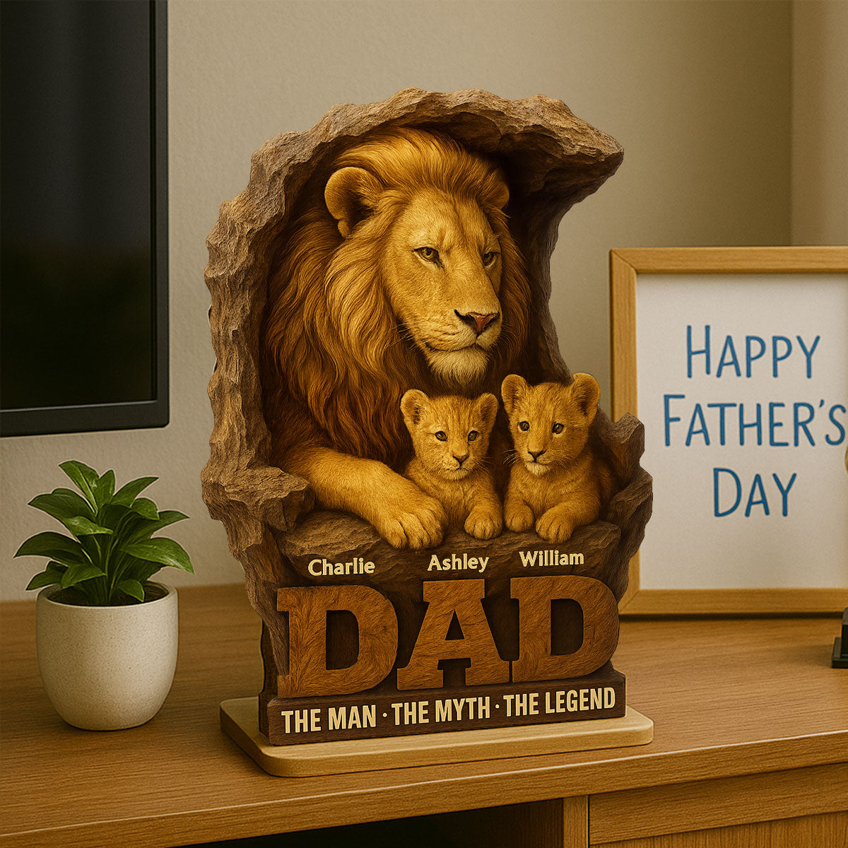 Lion Dad And Kids Personalized 2- Layer Standing Wooden Plaque, Unique  Gift For Dad