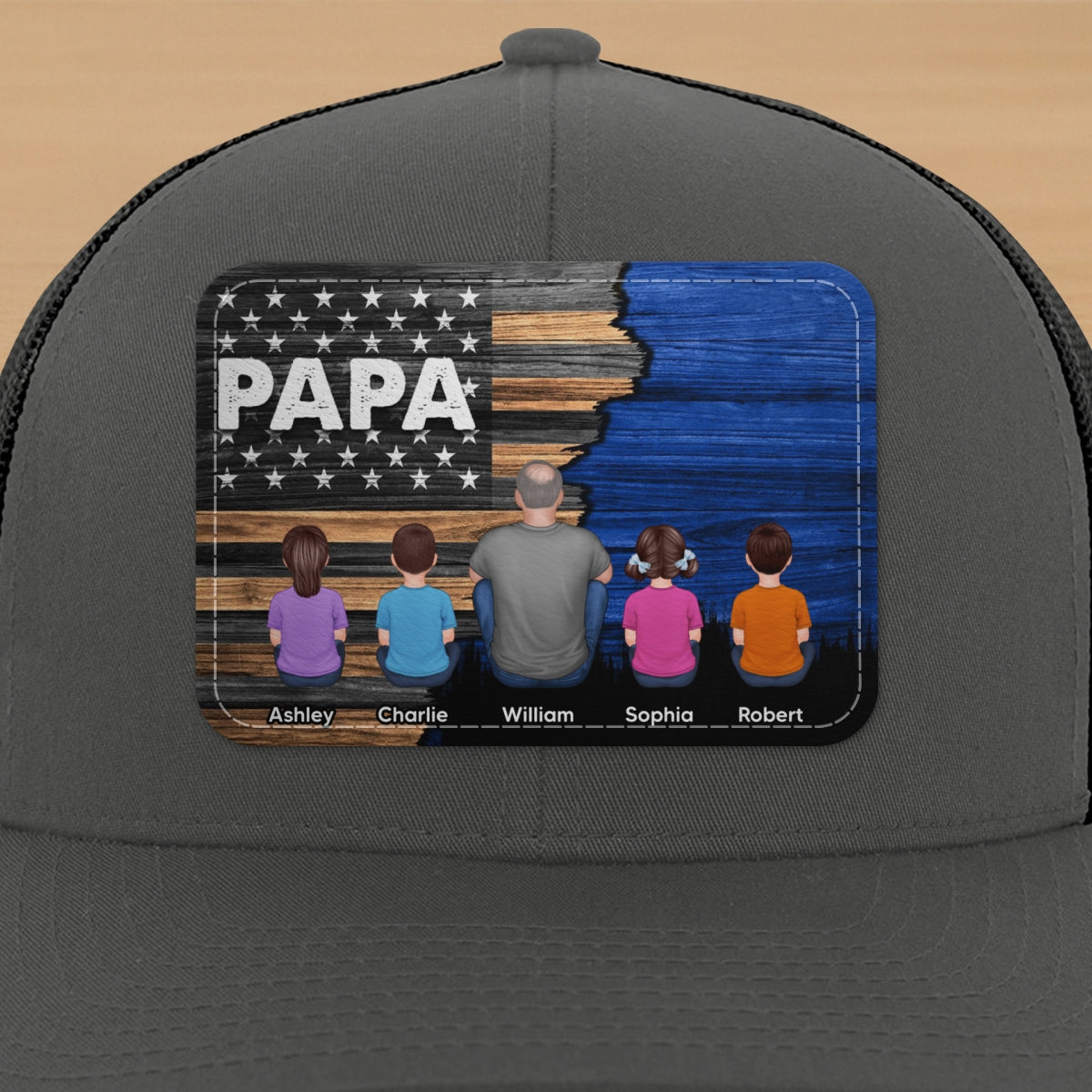 Dad Grandpa Papa Back View Sitting With Kids Half Nation Flag Personalized Leather Patch Hat