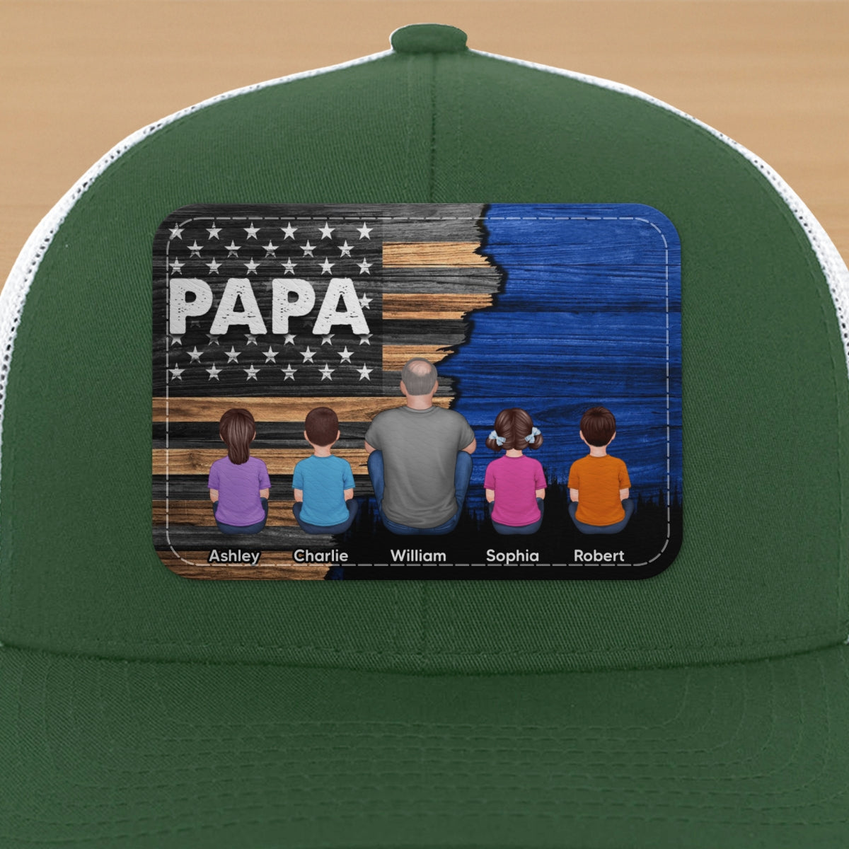Dad Grandpa Papa Back View Sitting With Kids Half Nation Flag Personalized Leather Patch Hat