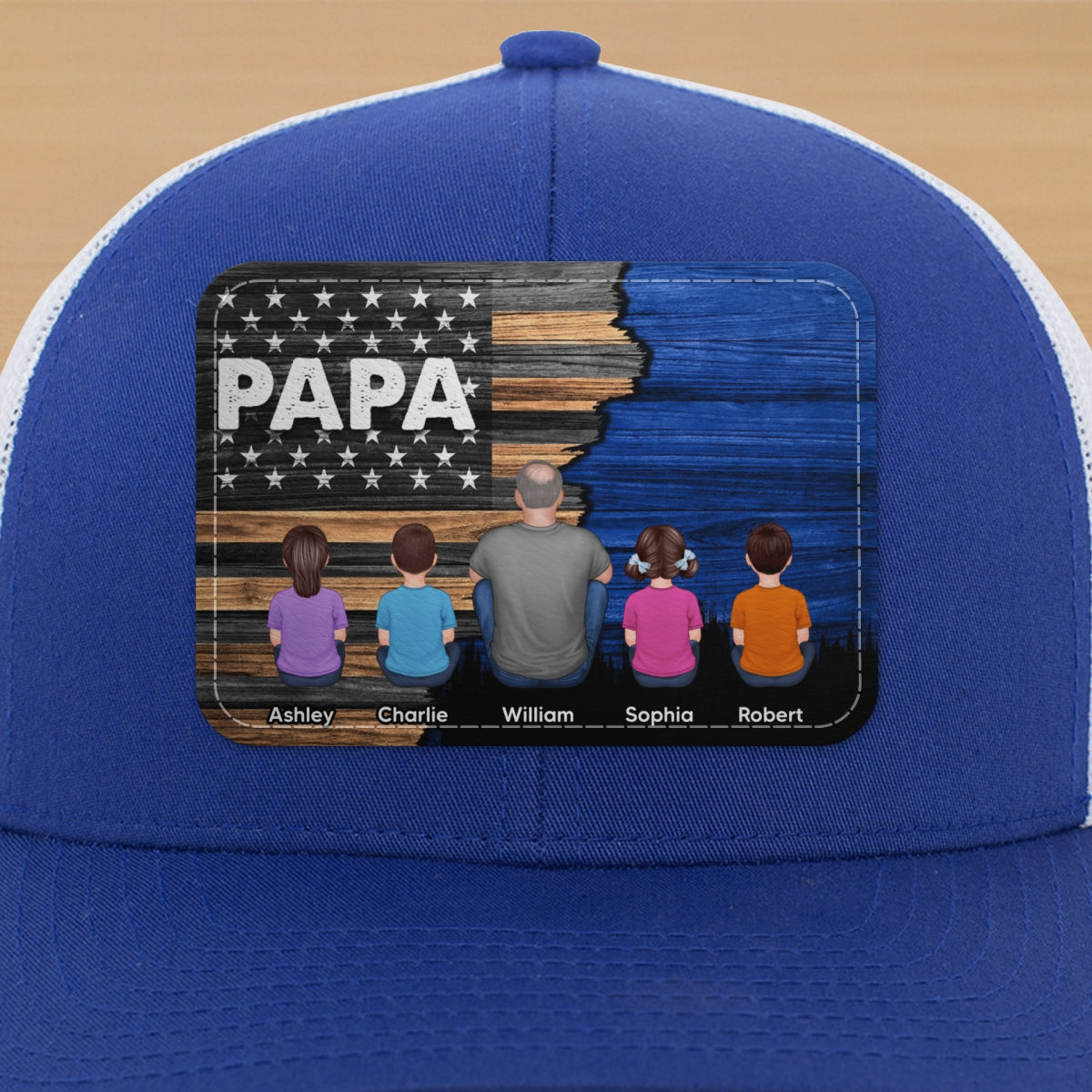 Dad Grandpa Papa Back View Sitting With Kids Half Nation Flag Personalized Leather Patch Hat