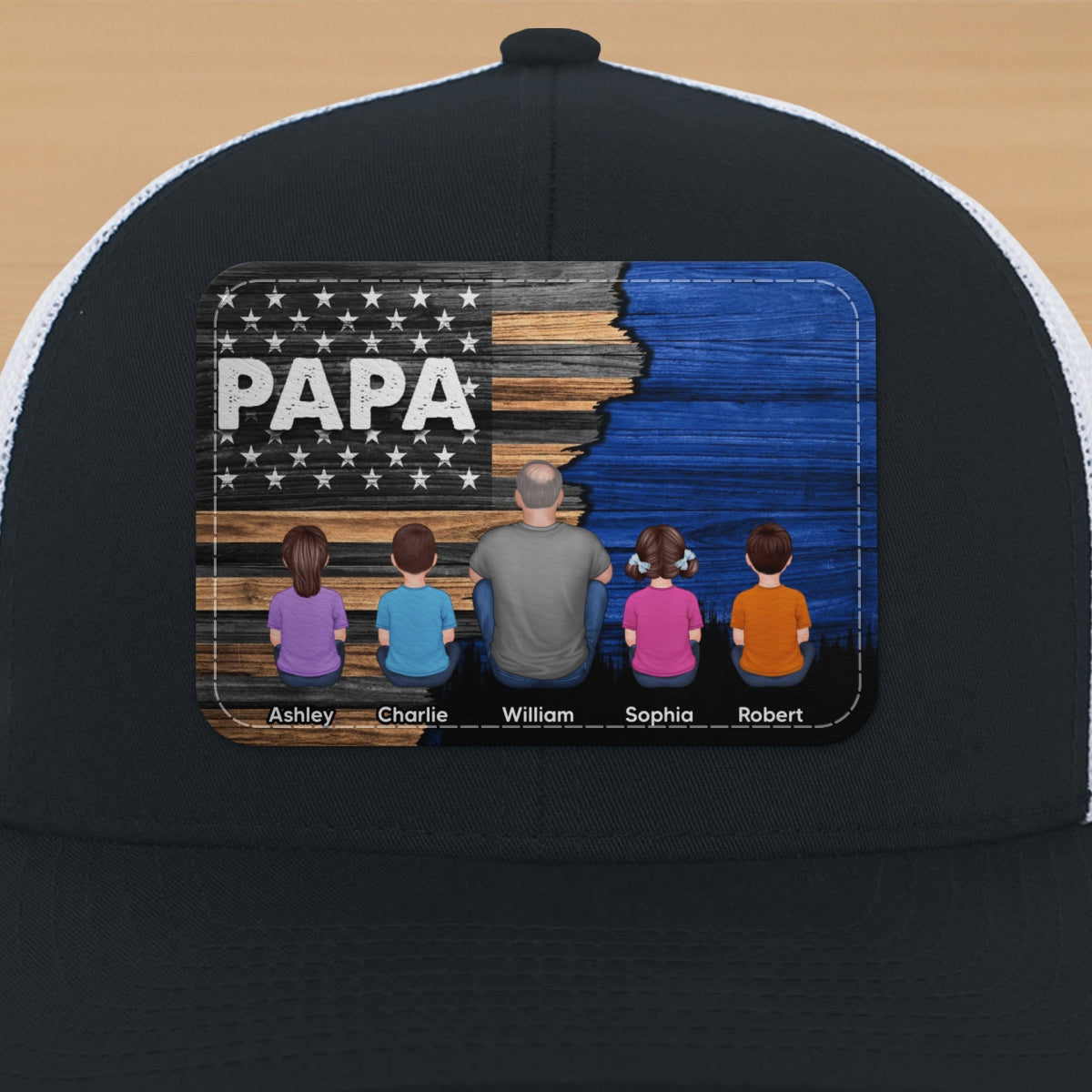 Dad Grandpa Papa Back View Sitting With Kids Half Nation Flag Personalized Leather Patch Hat