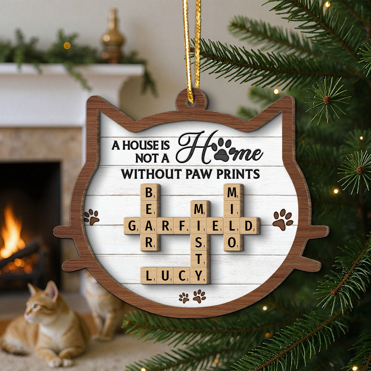 Cat Face Shape A House Is Not A Home Without Paw Prints Crossword Art Personalized 2-Layer Wooden Ornament