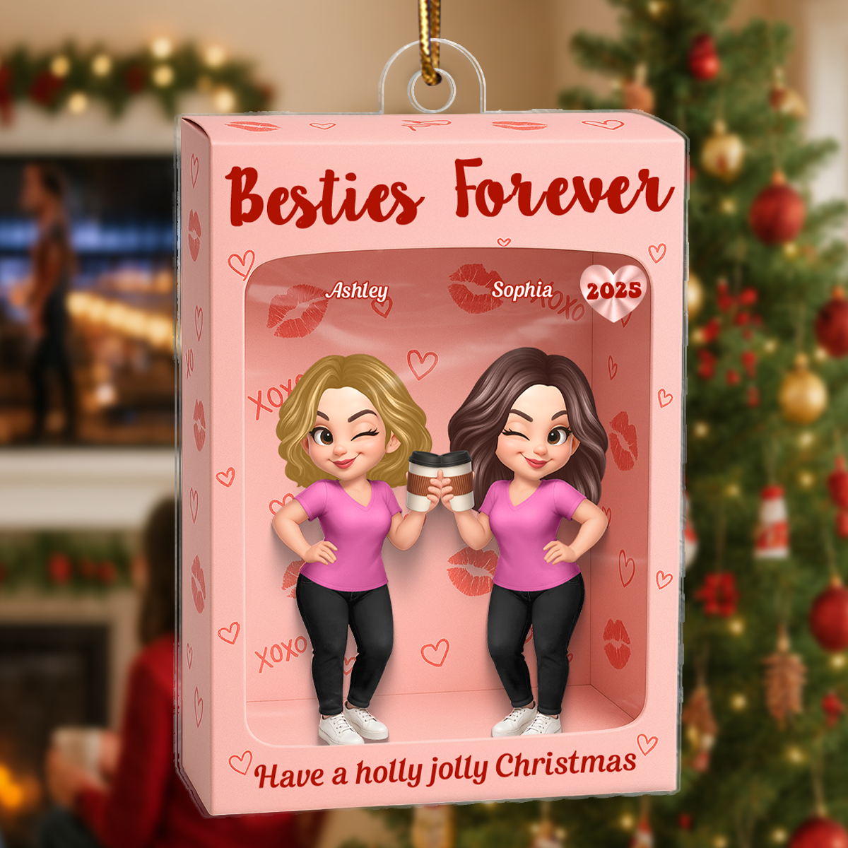 Besties XOXO Pretty Girls Cartoon Toy Box Style - Personalized Acrylic Ornament - Christmas Gift For Best Friends