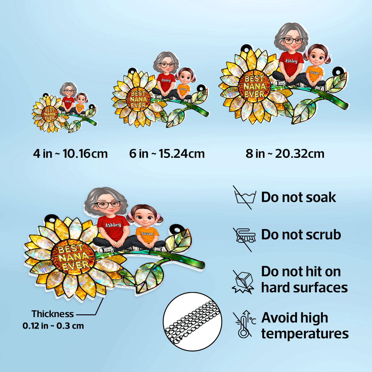 Sunflower Grandma and Grandkids Sitting - Personalized Window Hanging Suncatcher - Mother's Day Gift for Mom, Wife