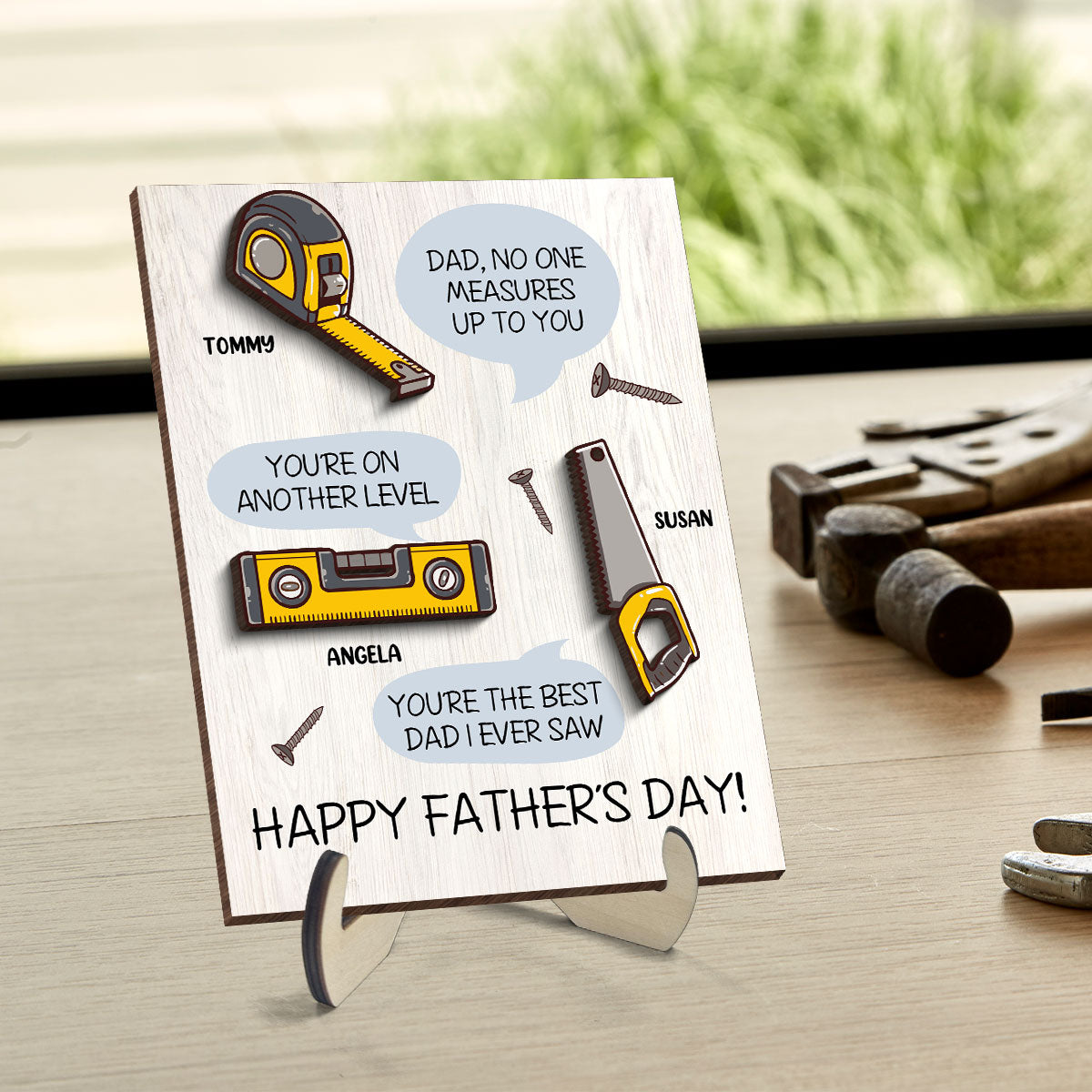 Dad No One Measure Up To You Personalized 2-Layered Wooden Plaque,  Gift for Dad