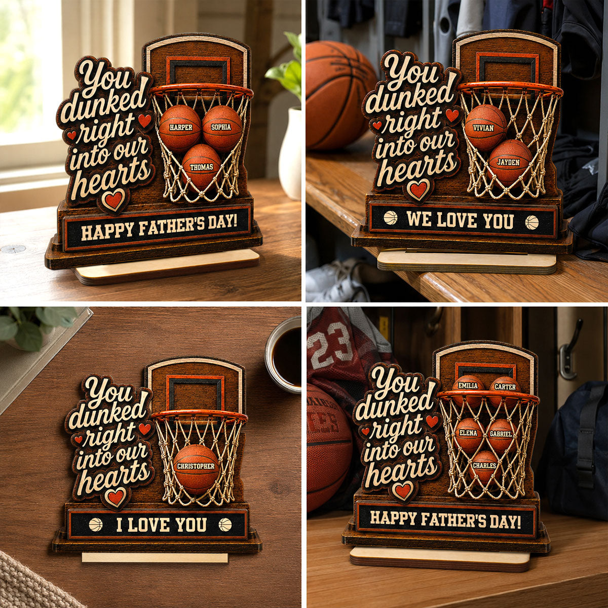 You Dunked Right Into Our Hearts Custom Name 2D Flat - Personalized 2-Layered Wooden Plaque -  Gift For Basketball Dad