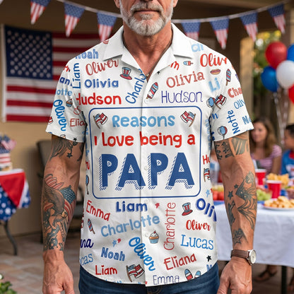 Reasons I Love Being A Papa USA 250 Patriotic Kid Names - Personalized Hawaiian Shirt