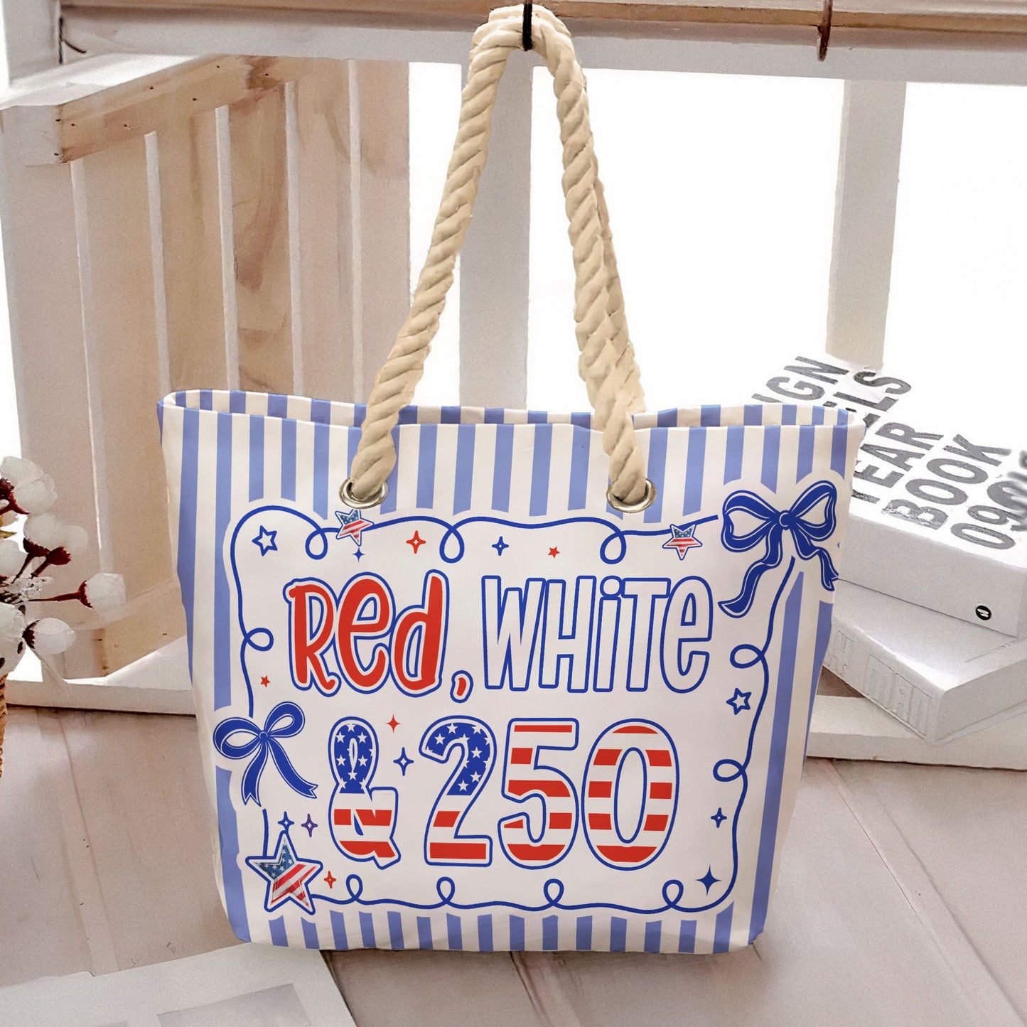 Red, White & 250 Patriotic Coquette Bow - Personalized Beach Bag