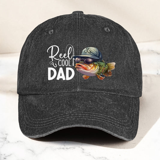 Father's Day Gifts, Reel Cool Dad, Grandpa, Papa - Custom Kids' Names - Personalized Distressed Denim Cap