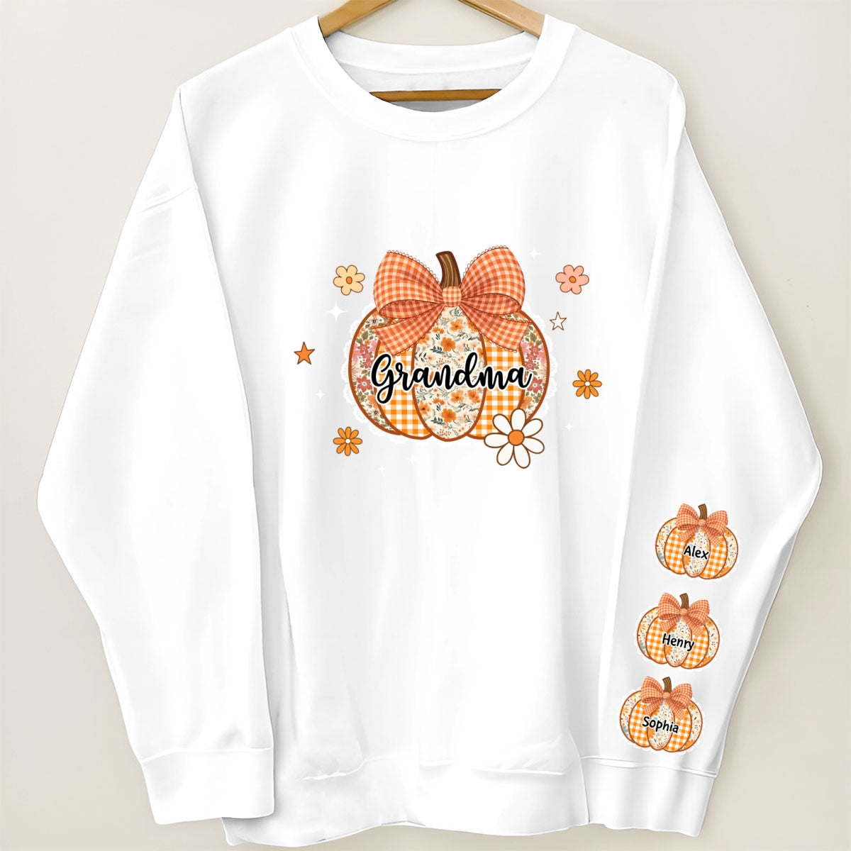Fall Season Lace Pattern Grandma Pumpkins Personalized Sleeve Printed Sweatshirt