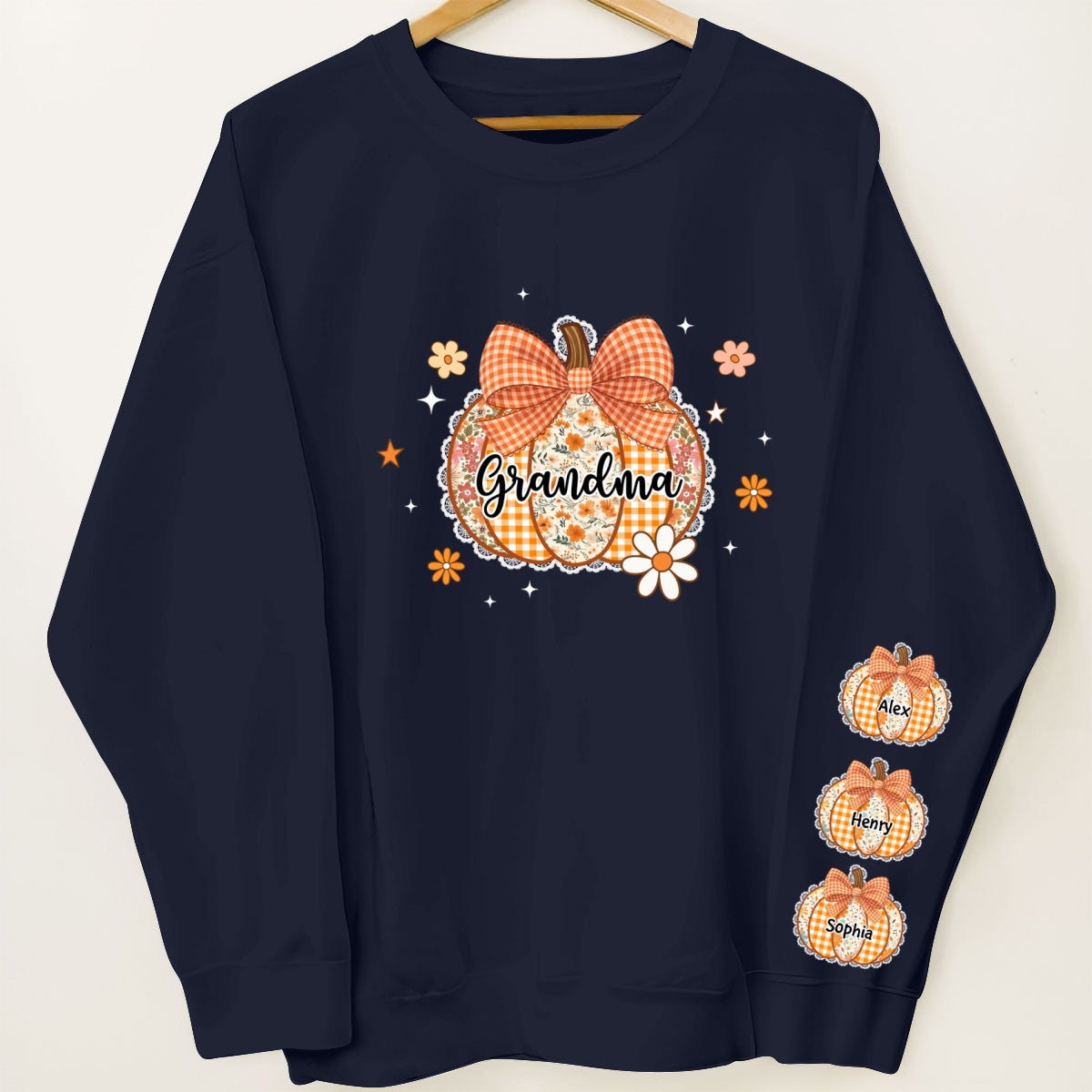Fall Season Lace Pattern Grandma Pumpkins Personalized Sleeve Printed Sweatshirt
