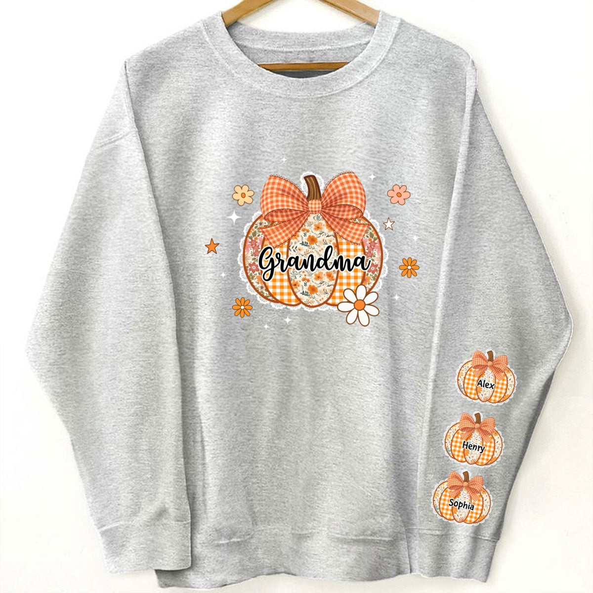 Fall Season Lace Pattern Grandma Pumpkins Personalized Sleeve Printed Sweatshirt