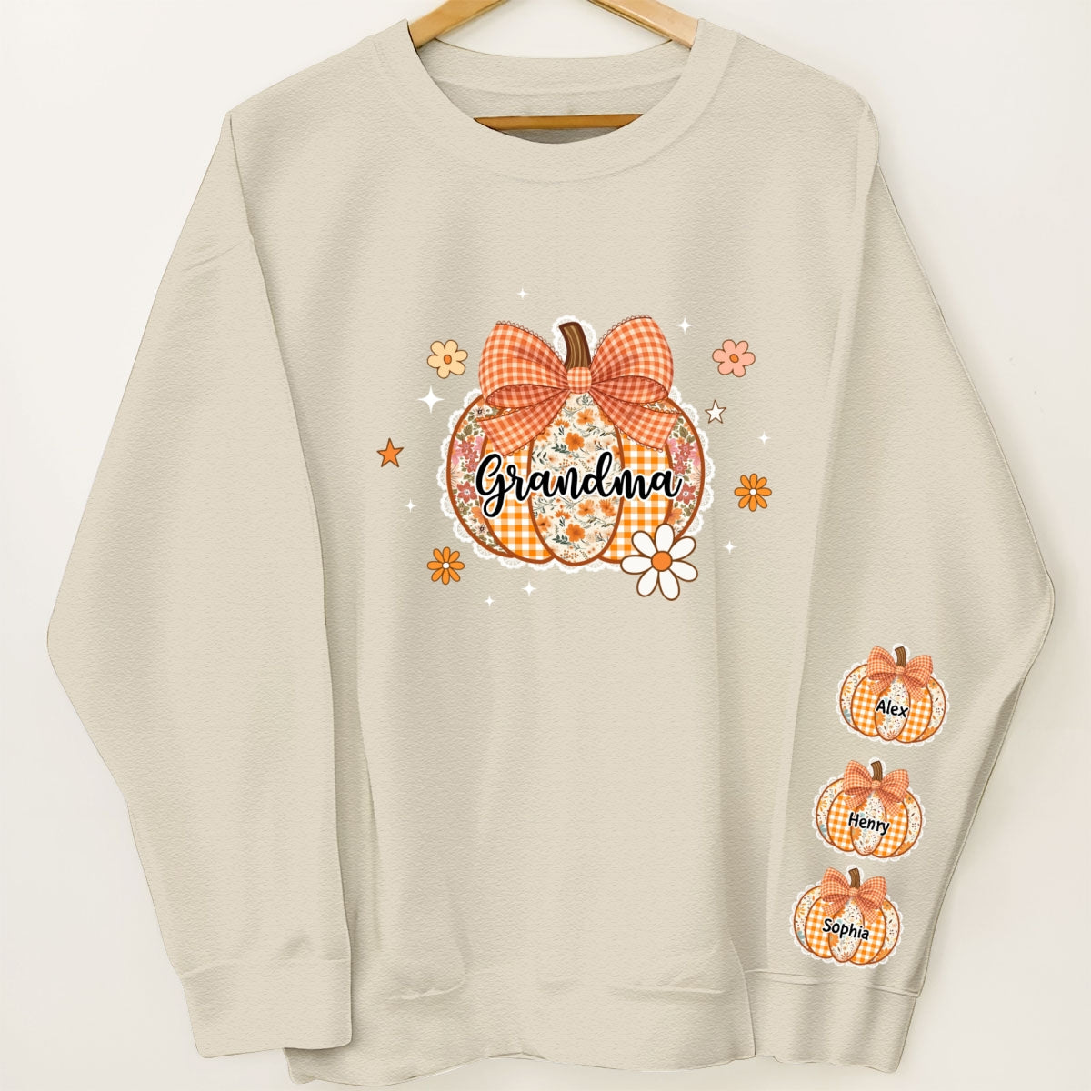 Fall Season Lace Pattern Grandma Pumpkins Personalized Sleeve Printed Sweatshirt