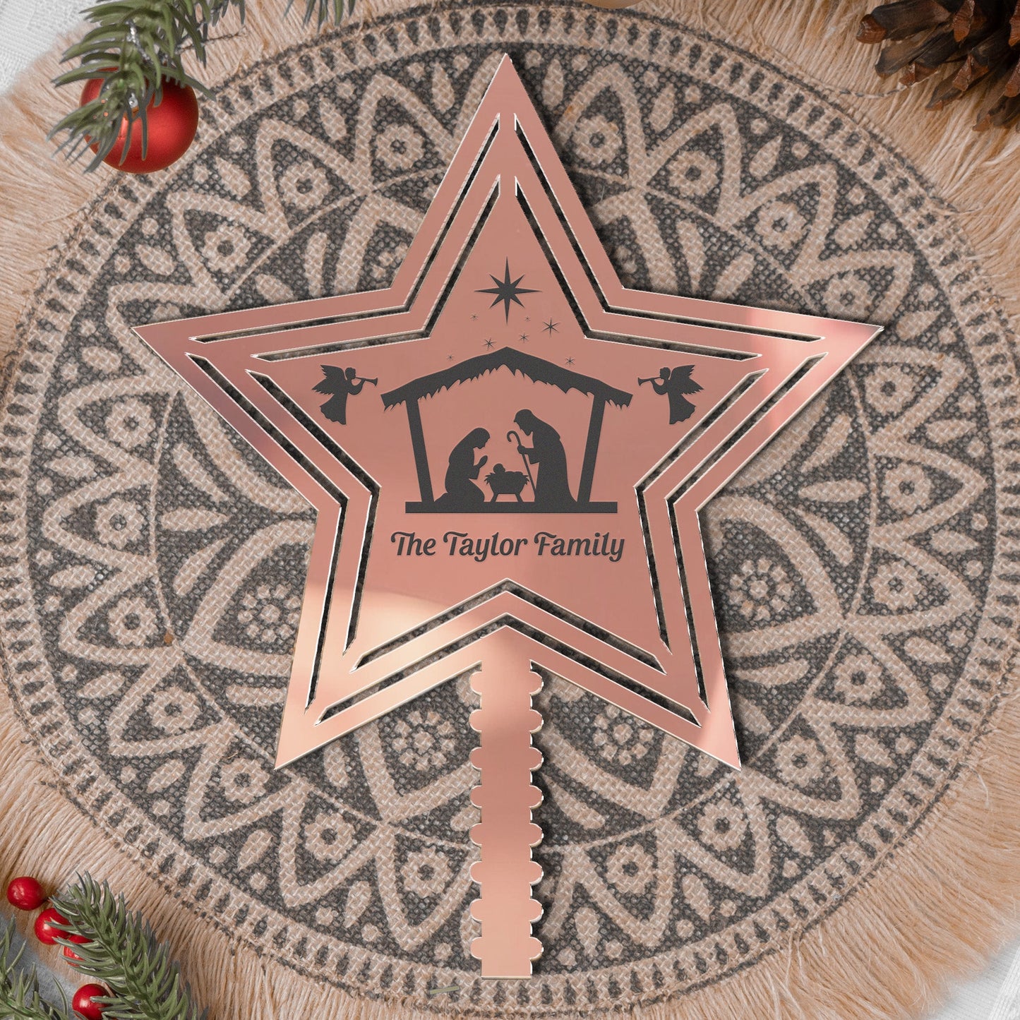 Rustic Nativity Scene With Cross-Shaped Christmas - Personalized Christmas Tree Topper