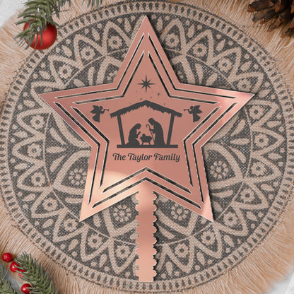 Rustic Nativity Scene With Cross-Shaped Christmas - Personalized Christmas Tree Topper